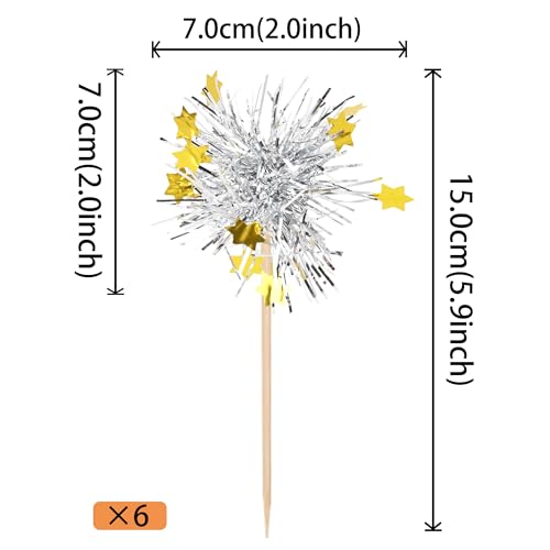 30 PCS Foil Firework Cupcake Toppers Happy Birthday Star Cupcake Picks Sparkle Tinsel Drink Stirrers Cocktail Fruit Toothpicks for Valentine's Day Wedding Birthday Party Decorations Supplies Silver (30 Count)