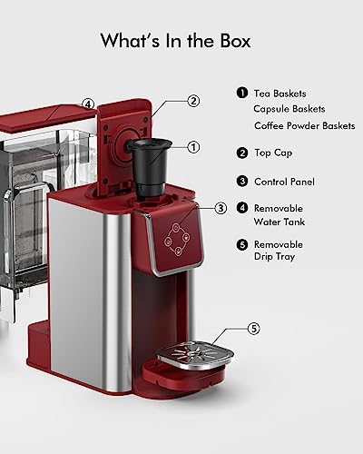 3-in-1 Single Serve Coffee Maker, Quick Brew for Coffee Pods, Ground Coffee, & Loose Tea, 6-12oz Cup Sizes, 50oz Removable Water Tank, 1150W, Compact & Efficient, Red