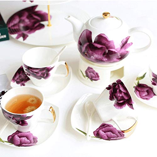 Bone China Tea Set Serving European Floral Tea Set Coffee Set with Heating Tea Stove and Coffee Spoon Teapot Tea Cup Saucer Gift Giving and Family Wedding