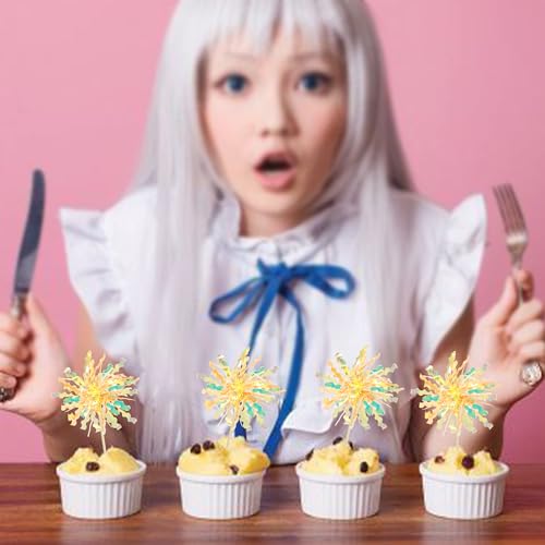 30Pcs Foil Firework Cupcake Toppers Happy Birthday Cake Toppers Tinsel Flower Drink Stirrers Cocktail Food Fruit Toothpicks for Valentine's Day Party Birthday Wedding Supplies Yellow (20 Count)