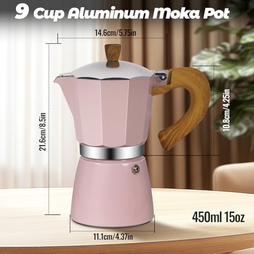 9 Cup Aluminum Moka Pot Classic Stovetop Espresso Coffee Maker 450ml 15oz Coffeemaker Percolator Mocha Pot Greca Coffee Maker Cafe Makers for Italian and Cuban Café Brewing Pink