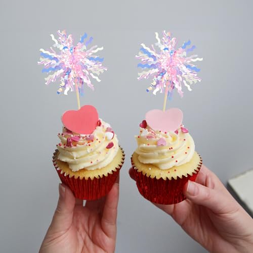 30Pcs Foil Firework Cupcake Toppers Sparkle Tinsel Cake Toppers Tinsel Drink Cake Decoration Cocktail Picks for Birthday Wedding Graduation Party Supplies Pink (30 Count)