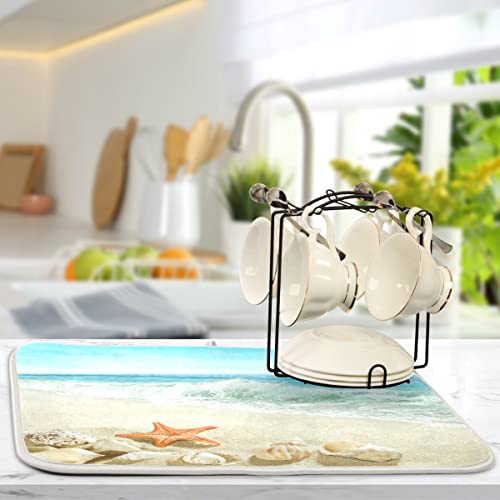 Summer Beach Dish Drying Mat 16 x 18 Inch Sea Wave Shells Starfish Drying Mat with High Absorbent Reversible Microfiber Kitchen Mat Dish Rack Pad Dish Drainer Mat Kitchen Counter Coffee Bar