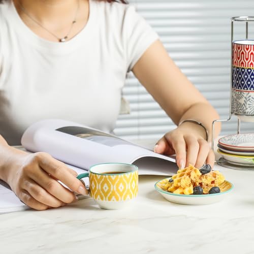 Ceramic Espresso Cups with Saucers and Metal Stand (7 Count)