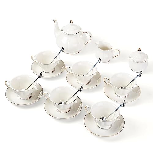 Tea Set 22 Piece Porcelain Ceramic Coffee Tea Gift Sets Cups Saucer Service for 6 Teapot Sugar Bowl Creamer Pitcher and Teaspoons (22 Count)