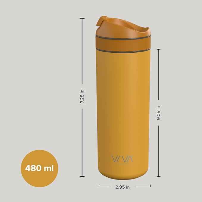 VIVA Recharge Mustard Insulated Tea & Coffee Mug & Travel French Press Coffee Maker, 16 oz, Brew & Drink From the Same Coffee Mug On the Go or Camping