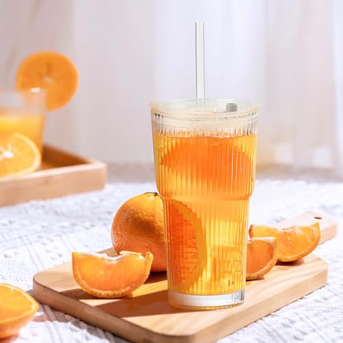 20oz Ribbed Glass Cups with Lids and Straws (2 Count)