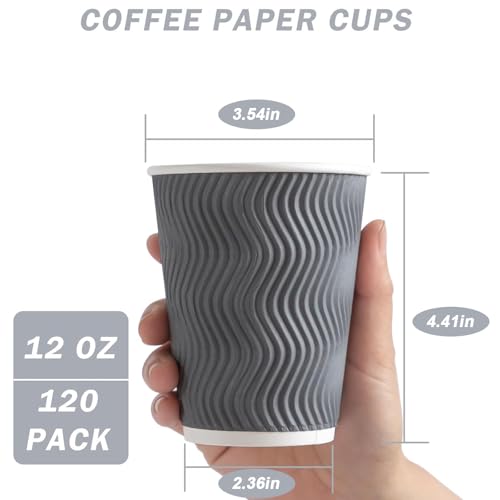 120 Pack 12 oz Coffee Cups Disposable Insulated Paper Cup Gray (120 Count)
