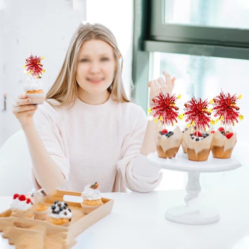 30 PCS Foil Firework Cupcake Toppers Happy Birthday Star Cupcake Picks Sparkle Tinsel Drink Stirrers Cocktail Fruit Toothpicks for Valentine's Day Wedding Birthday Party Decorations Supplies Red (30 Count)