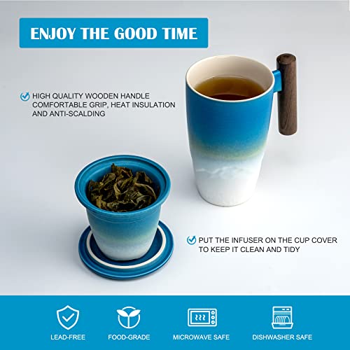 Tomotime Ceramic Tea Cup with Infuser and Lid Tea Mugs Wooden Handle 400ml