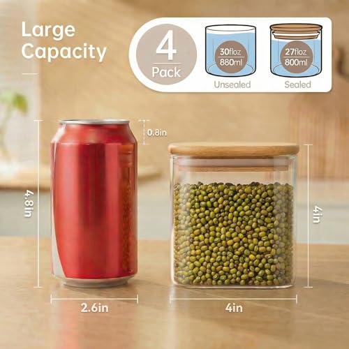 27oz Square Glass Food Storage Containers with Airtight Bamboo Lids (4 Count)