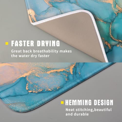 Marble Dish Drying Mat for Kitchen Counter Blue Teal Turquoise Gold Drying Mat 16 x 18 Inch Microfiber Dish Drying Pad Dish Rack Pad Drainer Mat for Coffee Bar
