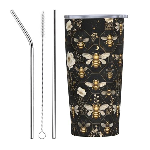 Bee Tumbler with Lid and Straw 20oz Coffee Tumblers Leakproof Stainless Steel Travel Mug Vacuum Insulated Cup for Iced and Hot (20 Count)