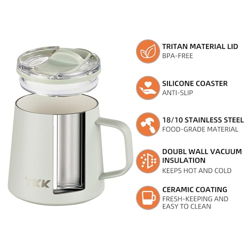 12 oz Insulated Coffee Mug with Handle Ceramic Coating Detachable Slider Lid Stainless Steel Tumbler Double Wall Vacuum Travel Cup