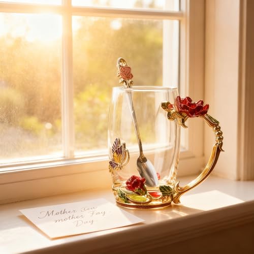 Handicraft Crystal Glass 3D Flower Cups Tea Mug With Tea Spoon Women Coffee