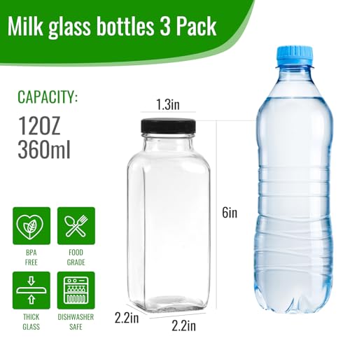 12 oz 3 Pack Glass Juice Bottles with Lids (6 Count)