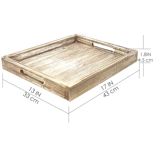 Wooden Tray 17"x13"x2" Vintage Beige Rectangle Stylish Rustic Farmhouse Decor Serving Platter