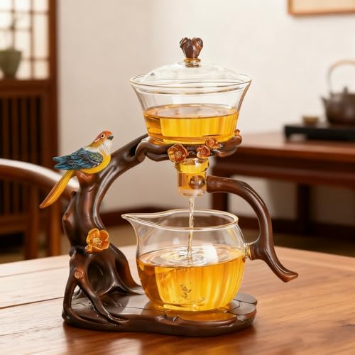 Lazy Kungfu Glass Tea Set Heat Resistant Semi Automatic Drip Rotating with Infuser Magnetic Teapot Set for Gongfu Tea Making Ideal