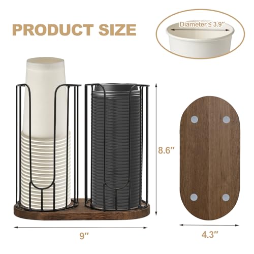 2 Compartment 18oz Coffee Cup Dispenser Rack with Wood Base