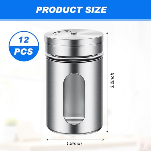 12 Pcs Salt and Pepper Shakers Stainless Steel Spice Shakers with Adjustable Pour Holes and Glass Window 3.4oz Salt Dispenser Spice Jars with Rotating Lids for Sugar Seasoning Home (12 Count)
