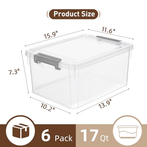 6 Packs 17 QT Plastic Storage Bins with Lids Large Stackable Storage Containers for Organizing Clear Storage Box for Garage (6 Count)