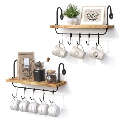 Floating Wall Shelves for Kitchen Bathroom Coffee Nook with 10 Adjustable Hooks for Coffee Mugs (2 Count)