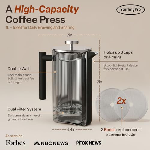 Non Toxic Insulated Stainless Steel French Press Coffee Maker 34oz