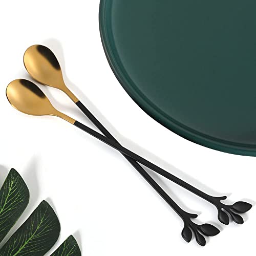 6 Piece Elegant Black & Gold Leaf Long Handle Teaspoons (6 Count)