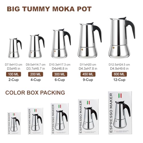 12 Cup Stovetop Espresso Maker Stainless Steel Moka Pot Stove Top Percolator Italian Coffee Makers Capable Mocha Greca Machine Cafe Classic Induction Cookers for Home and Camping 600ml 20oz (12 Count)