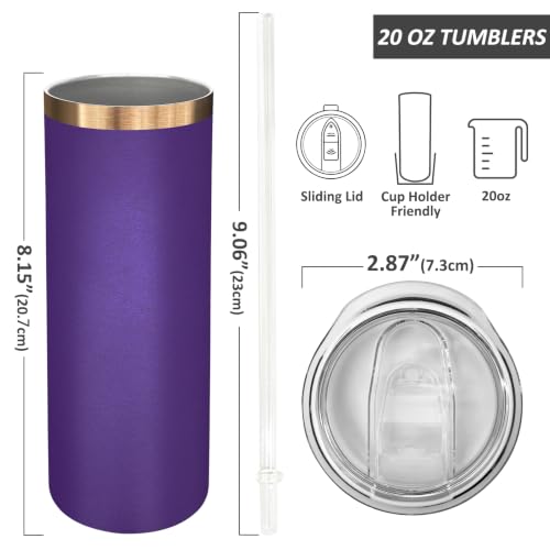 20 oz Skinny Tumblers Bulk with Lids and Straws Purple