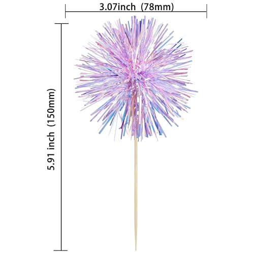 30Pcs Foil Firework Cupcake Toppers Sparkle Tinsel Cake Toppers Tinsel Drink Cake Decoration Cocktail Picks for Birthday Wedding Graduation Party Supplies Laser Purple (30 Count)