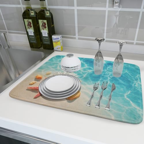 Coastal Starfish Dish Drying Mat 18"x24" Ocean Blue Sea Coral Seashell Dish Drainer Mats Nautical Beach Themed Decorative Reversible Dish Drying Pad for Kitchen Countertop Dining Room