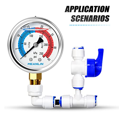 1/4" NPT 0-35psi Pressure Gauge, 2" Dial Glycerine Filled Pool Filter, 304 Stainless Steel Housing, Back Mount, with 1/2" NPT and 3/8" NPT Hex Bushing