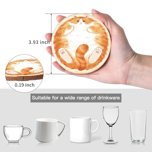 Cork Coasters for Drinks Absorbent Non Slip 12pcs 4 Inch Sleepy Cat (12 Count)