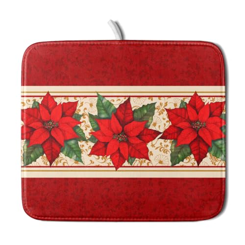 Poinsettia Flowers Dish Drying Mat 16"x18" Christmas Red Decorative Dish Drainer Mats Xmas Winter Floral Print Reversible Microfiber Dish Drying Rack Pad for Kitchen Countertop Sink