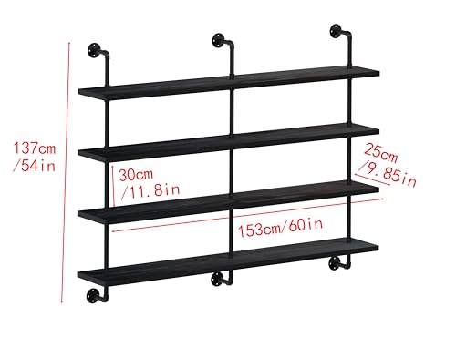 Floating Shelves for Wall Bookshelf Industrial Pipe Shelving Shelves 60 Inch Natural Wood Planks Rustic Wall Shelves Hanging Bookshelves Farmhouse Kitchen Shelving Black