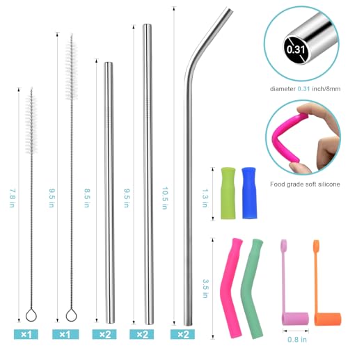 Reusable Stainless Steel Straws Set 6 PCS with 6 Silicone Tips (6 Count)