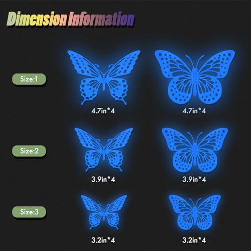 Glow in The Dark 3D Butterfly 24 Pcs Blue Butterfly Stickers (24 Count)