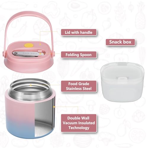 2 - in - 1 Soup Thermo for Hot Food 14oz with Snack Box Container Leak Proof Insulated Lunch Container Kids and Adults Stainless Steel Double Wall Vacuum Wide-mouth Thermal with Spoon and Handle