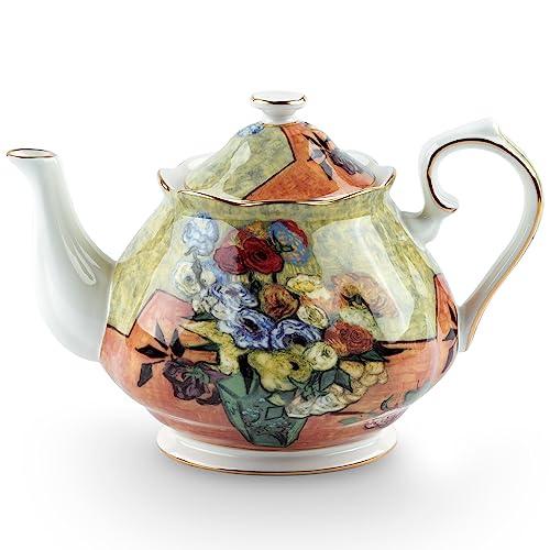 Teapot 30 oz Vangogh Paintings Bone China Loose Tea Pot Floral Design Vintage Ceramic Coffee Water Pot European Style Porcelain (30 Ounce)