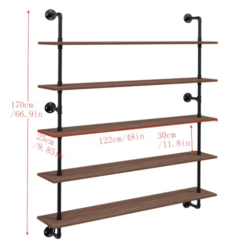 Floating Shelves for Wall Bookshelf Industrial Pipe Shelving Shelves 48 Inch 5 Tier Natural Wood Planks Rustic Wall Shelves Hanging Bookshelves Farmhouse Kitchen Shelving (5 Count)