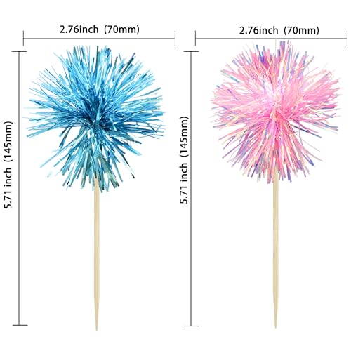30Pcs Foil Firework Cupcake Toppers Sparkle Tinsel Cake Toppers Tinsel Drink Cake Decoration Cocktail Picks for Birthday Wedding Graduation Party Supplies Light Blue Pink (30 Count)