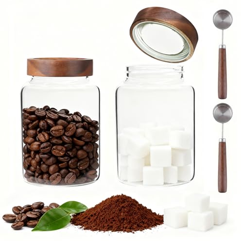 60 oz Glass Coffee Jars with Wooden Airtight Lid Spoon Clear Herb Ground Canister Round Food Storage Container for Sugar Pantry Flours Tea Coffee Bean Spice Cookies