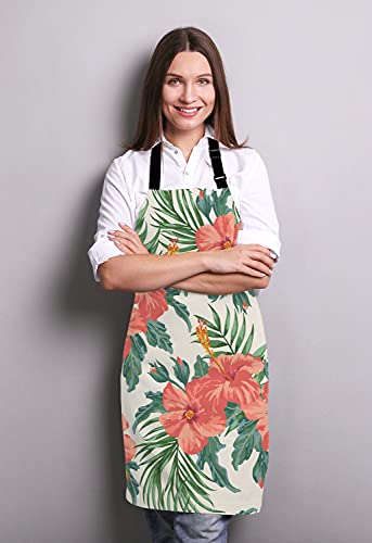 Tropical Leaves and Hawaiian Flower Bib Apron with Adjustable Neck for Men Women
