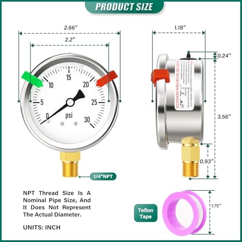 0 30PSI Stainless Steel Liquid Filled Pressure Gauge