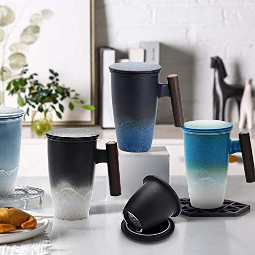Tomotime Ceramic Tea Cup with Infuser and Lid Tea Mugs Wooden Handle 400ml