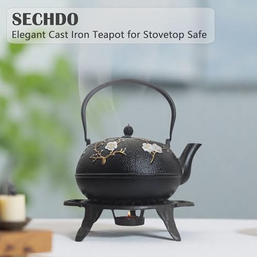 Cast Iron Teapot SECHUDO Teapot for Stovetop Safe Coated with Enameled Interior