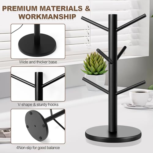 Wood Mug Holder Tree with 6 Hooks for Countertop