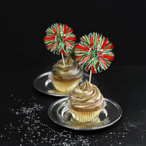 30Pcs Foil Firework Cupcake Toppers Sparkle Tinsel Drink Birthday Cake Decorations Cocktail Food Fruit Toothpick for New Years Wedding Birthday Party Decorations Red Green (30 Count)