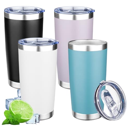 20oz Tumbler with Lid Double Wall Vacuum Insulated Travel Coffee Mug Stainless Steel Thermal Cup Powder Coated Sturdy Coffee Tumbler Bulk for Hot and Cold Beverages (4 Count)